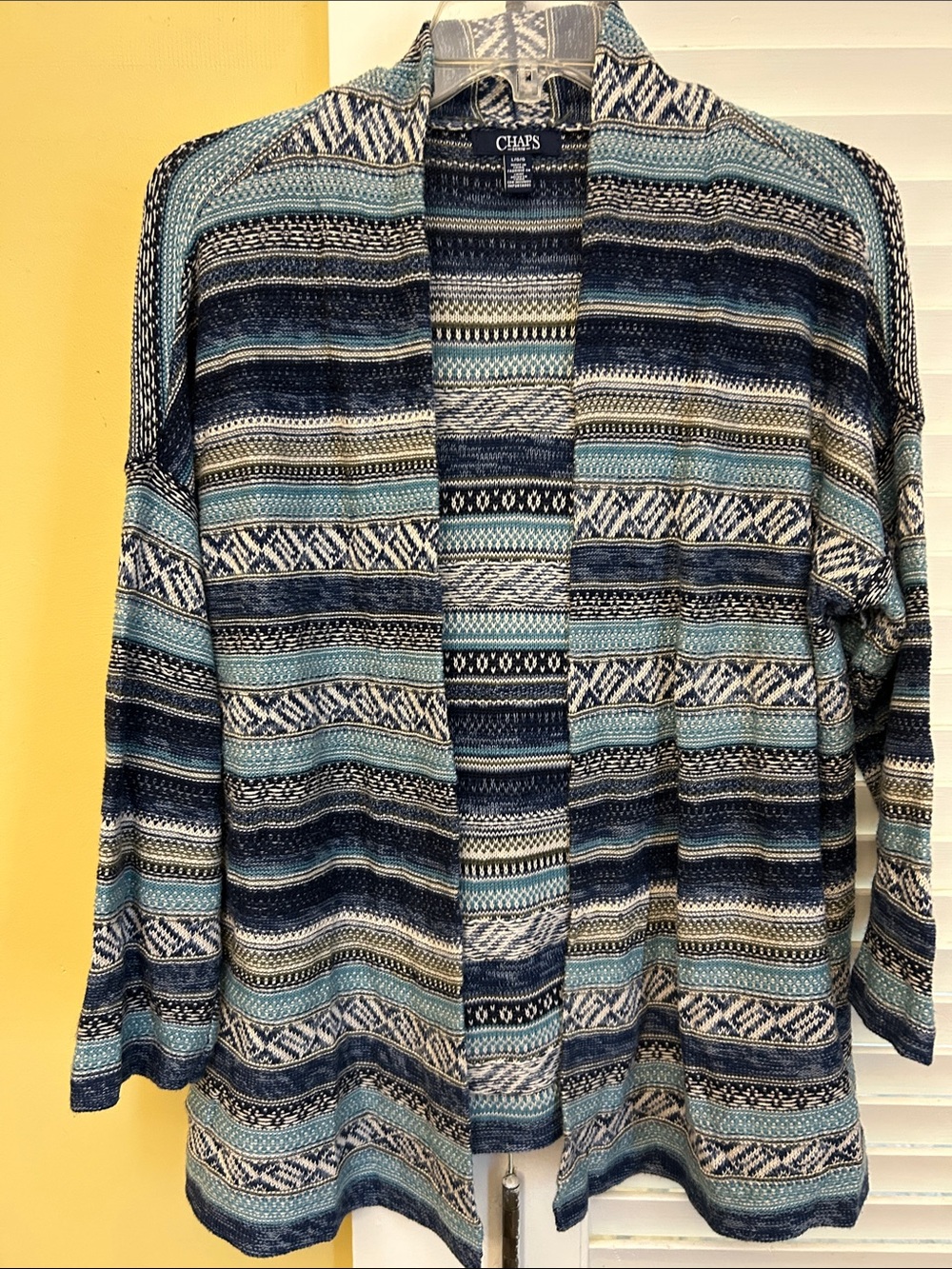Chaps Striped Open-Front Knit Cardigan in Blue and Cream